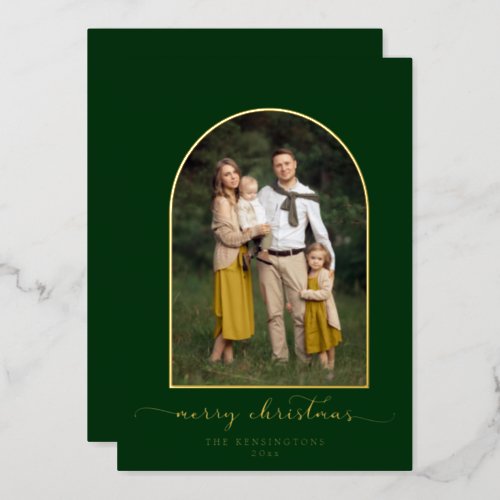 Elegant Arch Green Gold Christmas Photo Foil Holiday Card