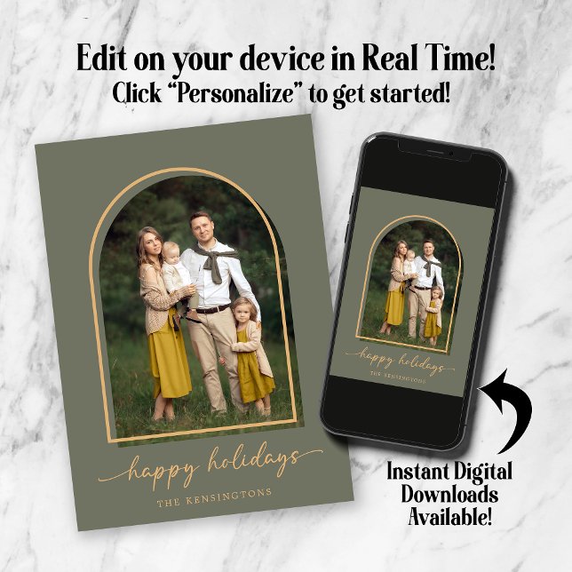 Elegant Arch Green Gold Holiday Photo Card (Elegant Arch Green Gold Holiday Photo Card. Personalize in real time! Instant downloads available!)