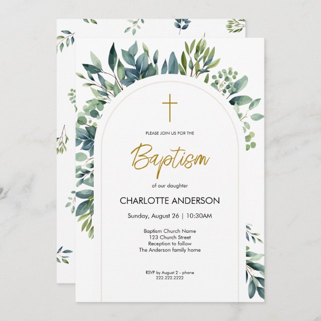 Elegant Arch Greenery Floral Foliage Baptism Invitation (Front/Back)