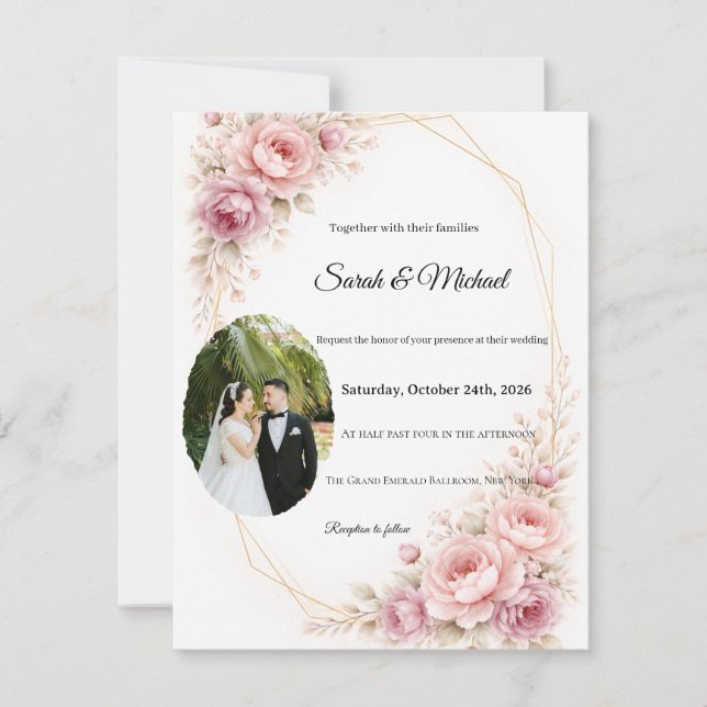 Elegant Arch Greenery Wedding Invitation with Phot (Front)