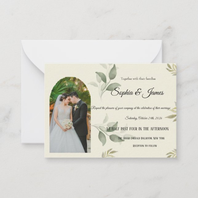 Elegant Arch Greenery Wedding Invitation with Phot (Front)