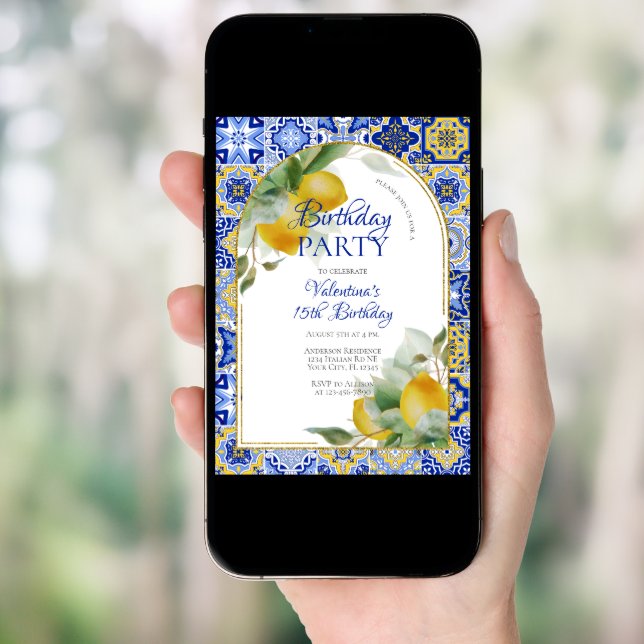 Elegant Arch Italian Blue Tiles Lemons Birthday Invitation (Front Digital)