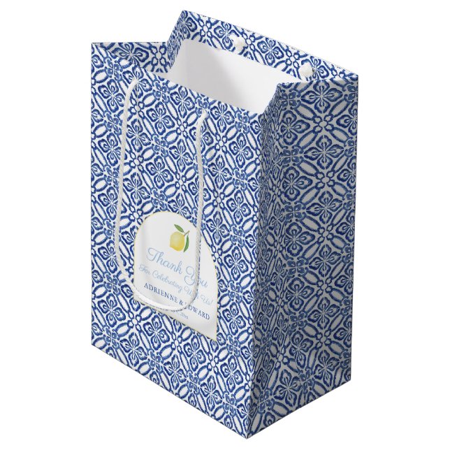 Elegant Arch Lemons Blue Tiles Wedding Welcome Medium Gift Bag (Front Angled)
