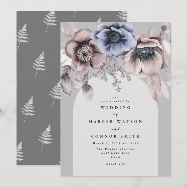 Elegant Arch Light Winter Gray Floral Wedding Invitation (Front/Back)