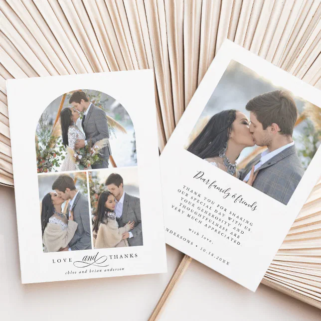 Elegant Arch Love and Thanks 4 Photo Wedding Thank You Card | Zazzle