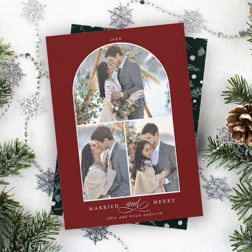 Elegant Arch Married and Merry 3 Photo Deep Red Holiday Card