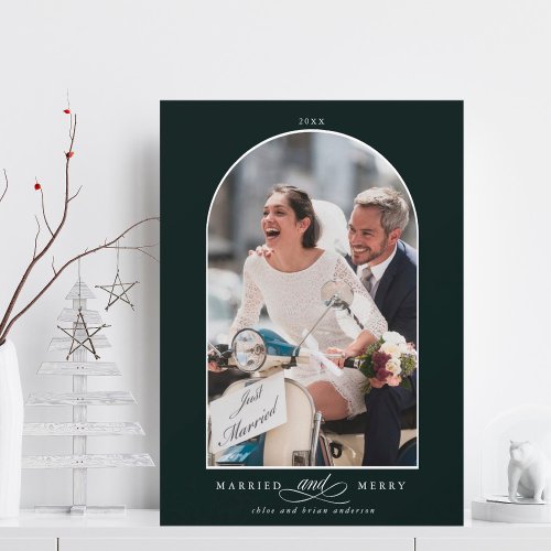 Elegant Arch Married and Merry Photo Deep Green   Holiday Card