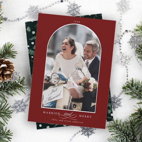 Elegant Arch Married and Merry Photo Red Holiday Card
