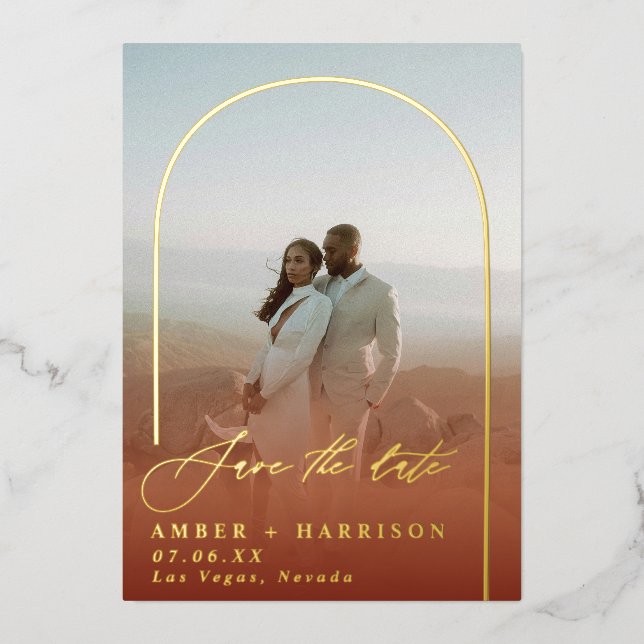 Elegant Arch Modern Calligraphy Save the Date Foil Invitation (Front)