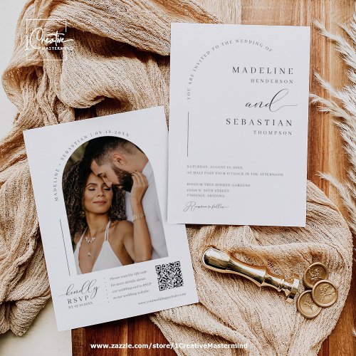 Elegant Arch Modern Minimal Wedding QR Code Photo  Invitation