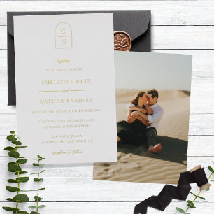 Elegant Arch Monogram Photo Wedding Gold Foil Invitation