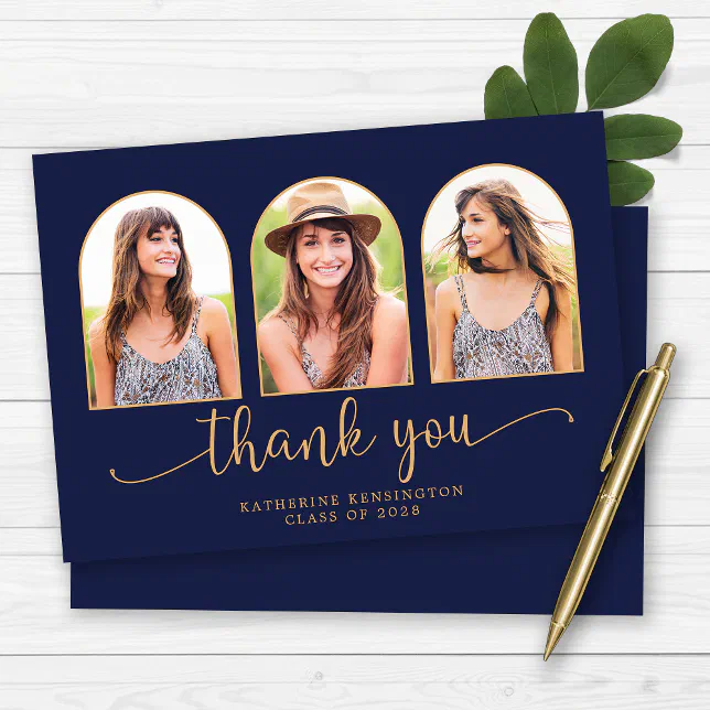 Elegant Arch Navy Blue Gold 3 Photo Graduation Thank You Card | Zazzle