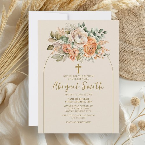 Elegant Arch Peach Floral Baby Girl Baptism Invitation