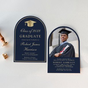 Elegant Arch Photo Blue Gold Graduation Party Invitation