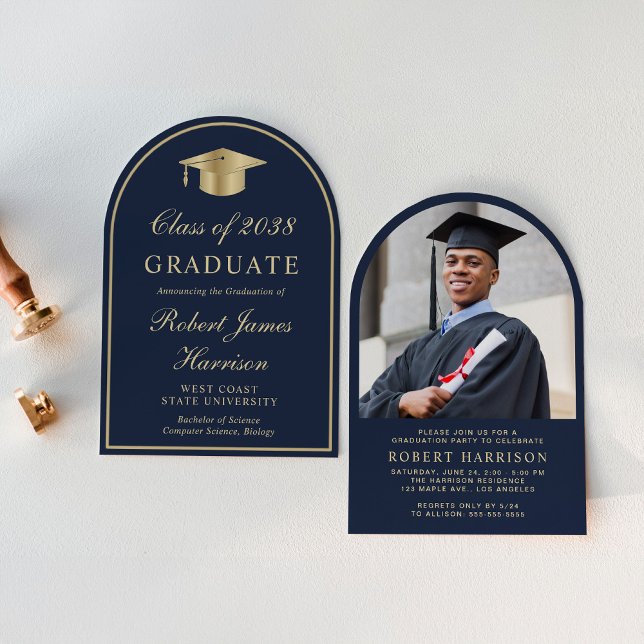 Elegant Arch Photo Blue Gold Graduation Party Invitation (An elegant arch-shaped college graduation party invitation to celebrate the graduate's achievements)
