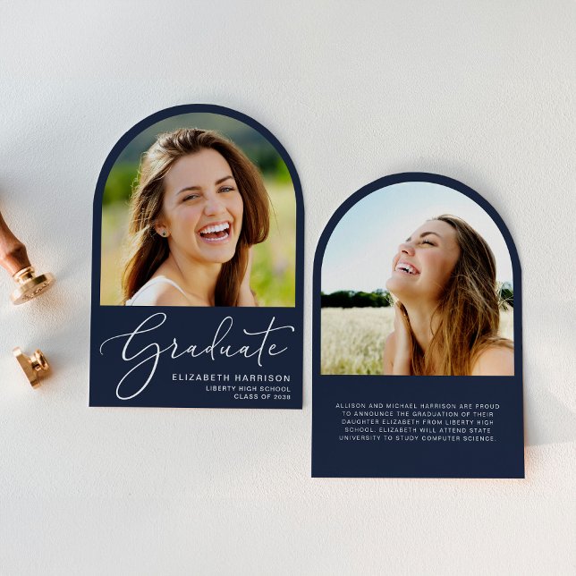 Elegant Arch Photo Blue Graduation Announcement (An elegant arch-shaped photo graduation announcement to celebrate the graduate's achievements)