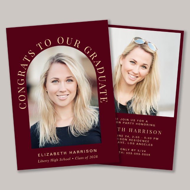 Elegant Arch Photo Burgundy Gold Graduation Party Invitation (An elegant arch photo graduation party invitation to celebrate the graduate's achievements)