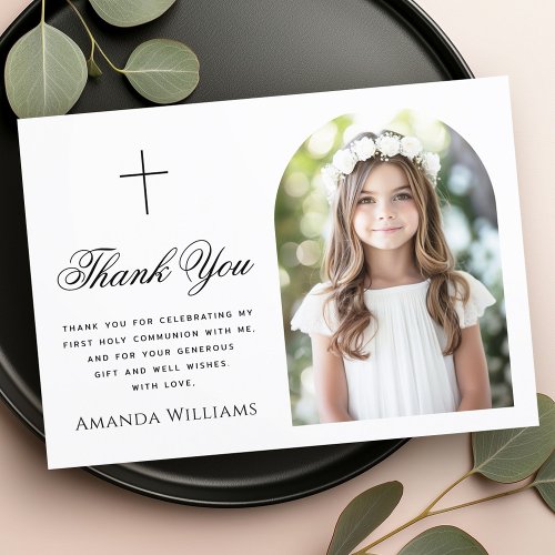 Elegant arch photo cross  First Holy Communion Thank You Card
