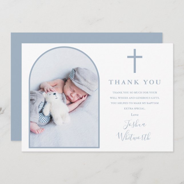 Elegant Arch Photo Dusty Blue Baptism Thank You Card (Front/Back)