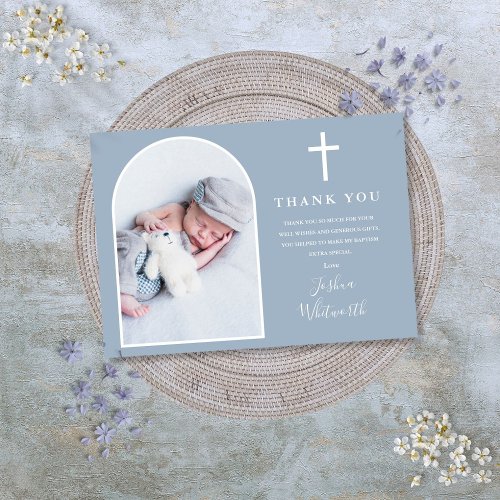 Elegant Arch Photo Dusty Blue Baptism Thank You Card