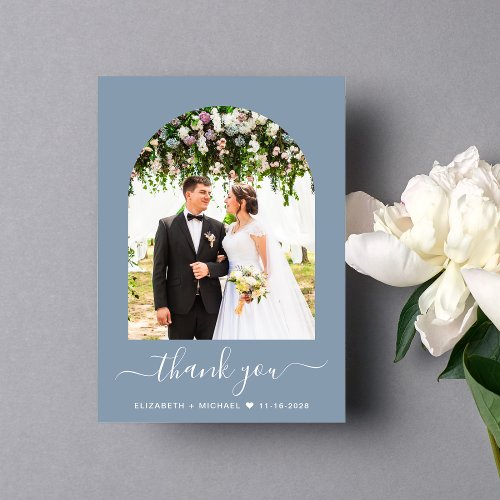 Elegant Arch Photo Dusty Blue Wedding Thank You Card