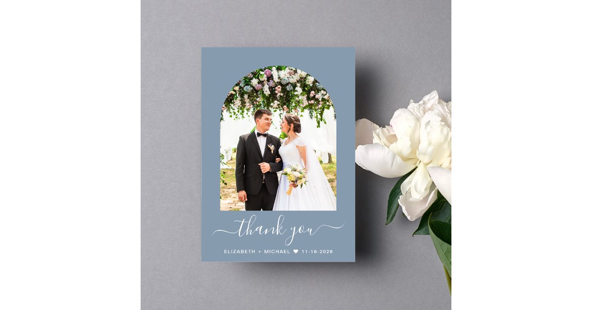 Elegant Arch Photo Dusty Blue Wedding Thank You Card | Zazzle