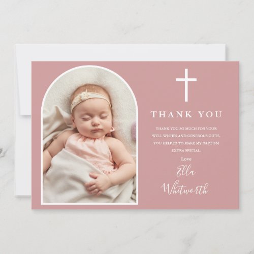 Elegant Arch Photo Dusty Rose Pink Baptism Thank You Card