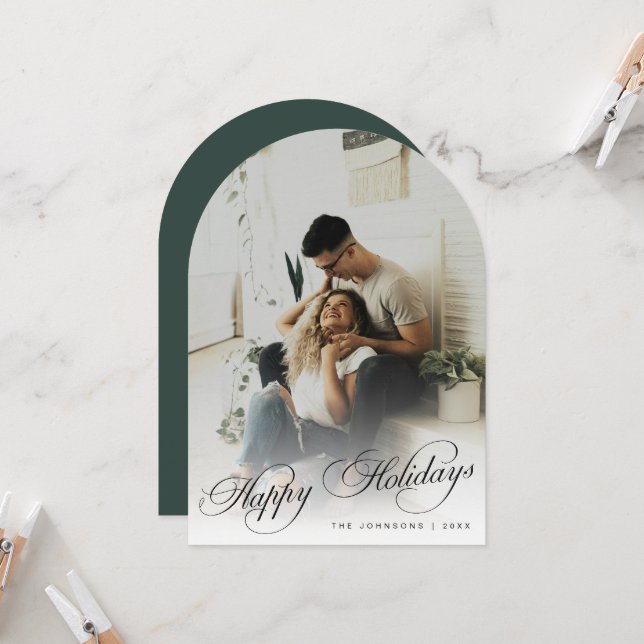 Elegant Arch Photo Green Christmas Holiday Card (Front/Back In Situ)