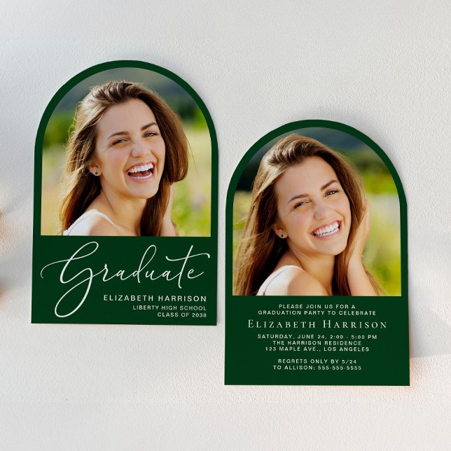 Elegant Arch Photo Green Graduation Party Invitation (An elegant arch-shaped graduation party invitation to celebrate the graduate's achievements)