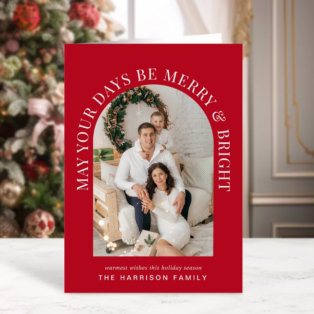 Elegant Arch Photo Merry And Bright Red Christmas Card (Share the love and warmth of the holiday season with a personalized arch photo Christmas card)