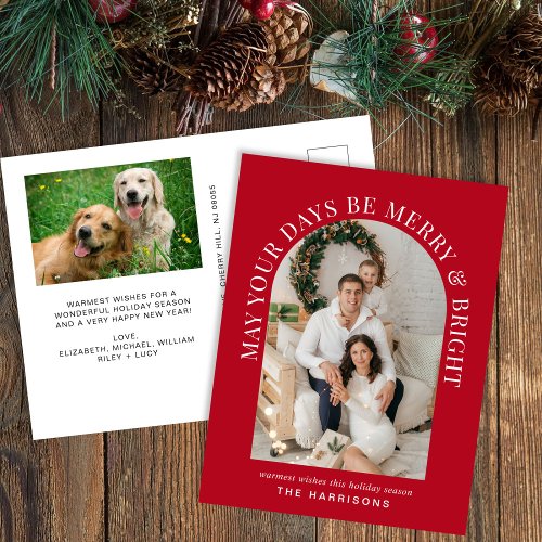 Elegant Arch Photo Merry And Bright Red Christmas Holiday Postcard