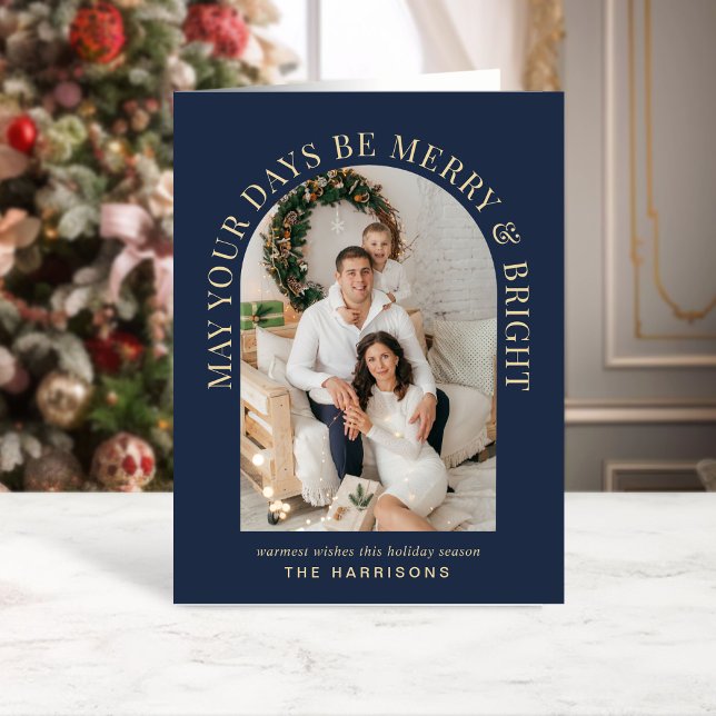 Elegant Arch Photo Merry Bright Blue Christmas Card (Share the love and warmth of the season with a personalized photo Christmas card)