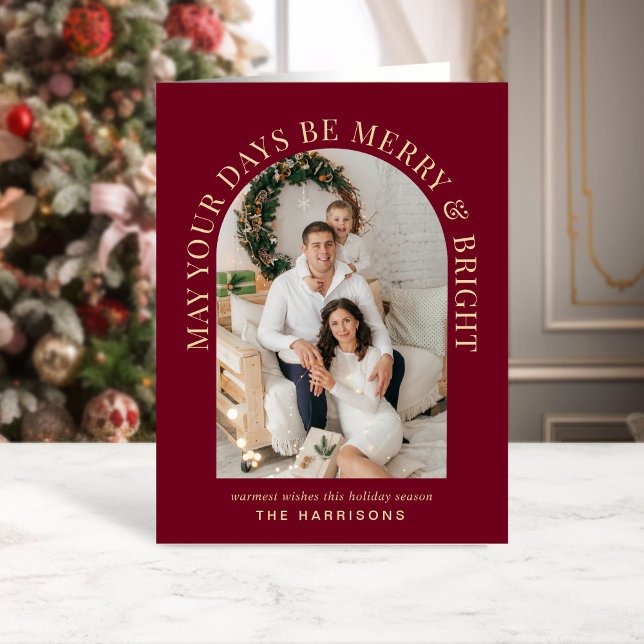 Elegant Arch Photo Merry Bright Burgundy Christmas Card (Share the love and warmth of the season with an elegant arch photo Christmas card)