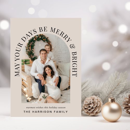 Elegant Arch Photo Merry Bright Taupe Christmas Holiday Card