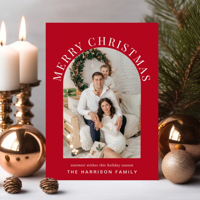 Elegant Arch Photo Merry Christmas Red Holiday Card (Share the love and warmth of the season with an elegant arch photo Christmas card)