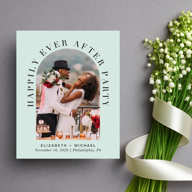 Elegant Arch Photo Mint Wedding Reception Invite (Celebrate your love story with an invitation showcasing your favorite photo in an elegant arch frame)