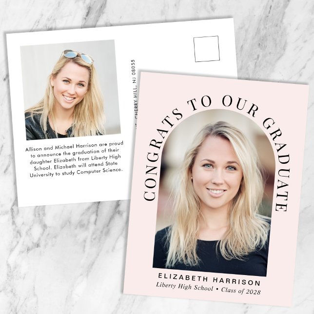 Elegant Arch Photo Pink Graduation Announcement Postcard (Creator Uploaded)