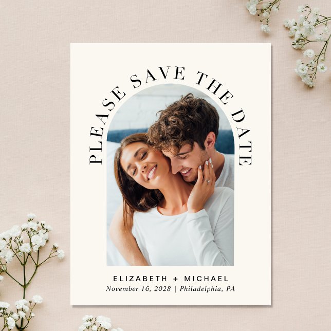 Elegant Arch Photo QR Code Save The Date Announcement Postcard (Celebrate your love story with a save the date showcasing your photo in an elegant arch frame)