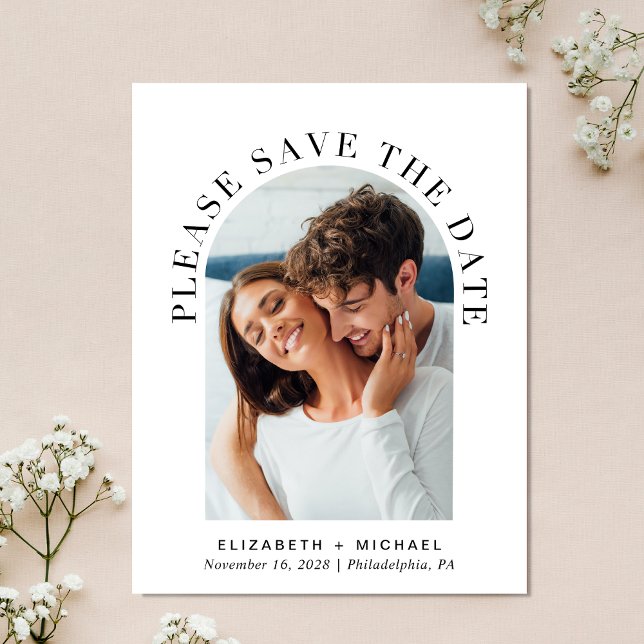 Elegant Arch Photo QR Code Save The Date Announcement Postcard (Celebrate your love story with a save the date showcasing your photo in an elegant arch frame)