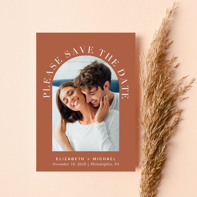 Elegant Arch Photo QR Code Terracotta Wedding Save The Date (Celebrate your love story with a   save the date showcasing your photo in an elegant arch frame)