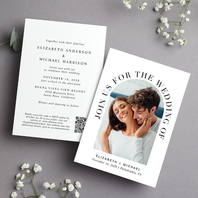 Elegant Arch Photo QR Code Wedding Invitation (Celebrate your love story with an invitation showcasing your favorite photo in an elegant arch frame)