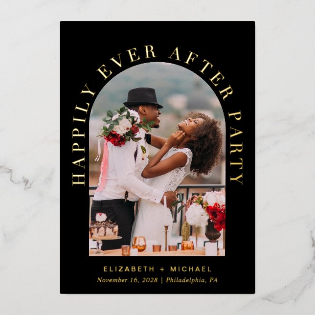 Elegant Arch Photo Wedding Reception Black Gold Foil Invitation (Front)