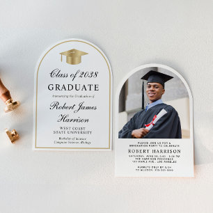Elegant Arch Photo White Gold Graduation Party Invitation