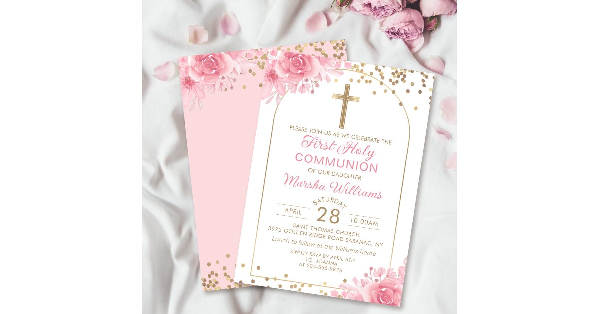 Elegant Arch Pink Gold Floral First Holy Communion Invitation | Zazzle