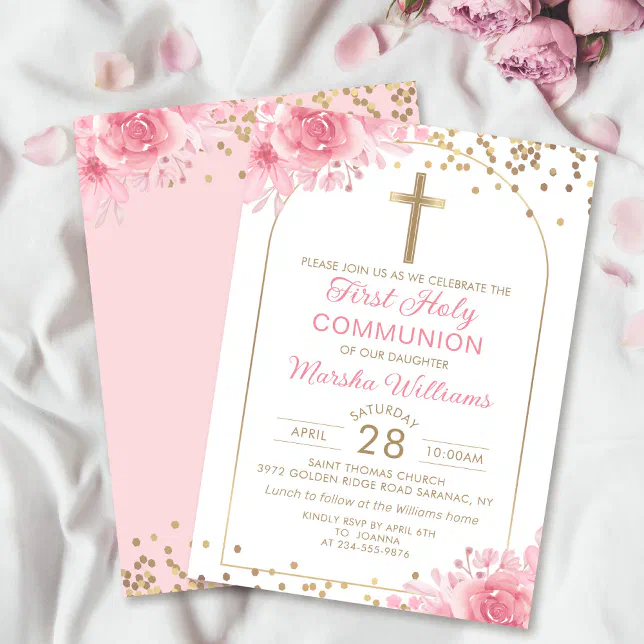 Elegant Arch Pink Gold Floral First Holy Communion Invitation | Zazzle