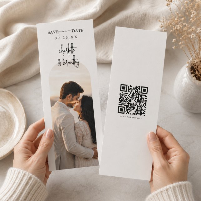 Elegant Arch QR Save the Date Wedding Card. (Creator Uploaded)