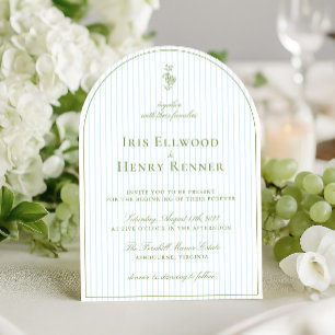 Elegant Arch Sage Green & Blue Stripe Wedding Invitation