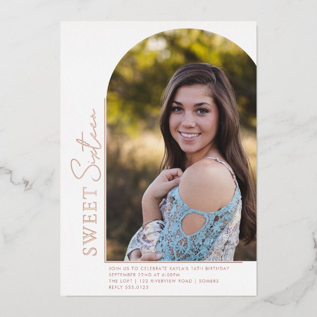 Elegant Arch Shape Sweet 16 Rose Gold Photo Foil Invitation (Front)