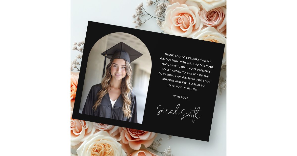 Elegant arch simple classic black photo graduation thank you card | Zazzle