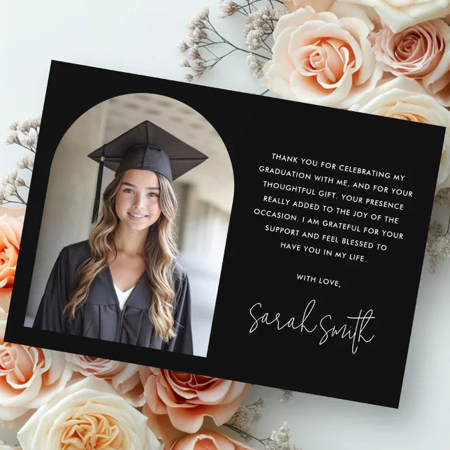 Elegant arch simple classic black photo graduation thank you card | Zazzle